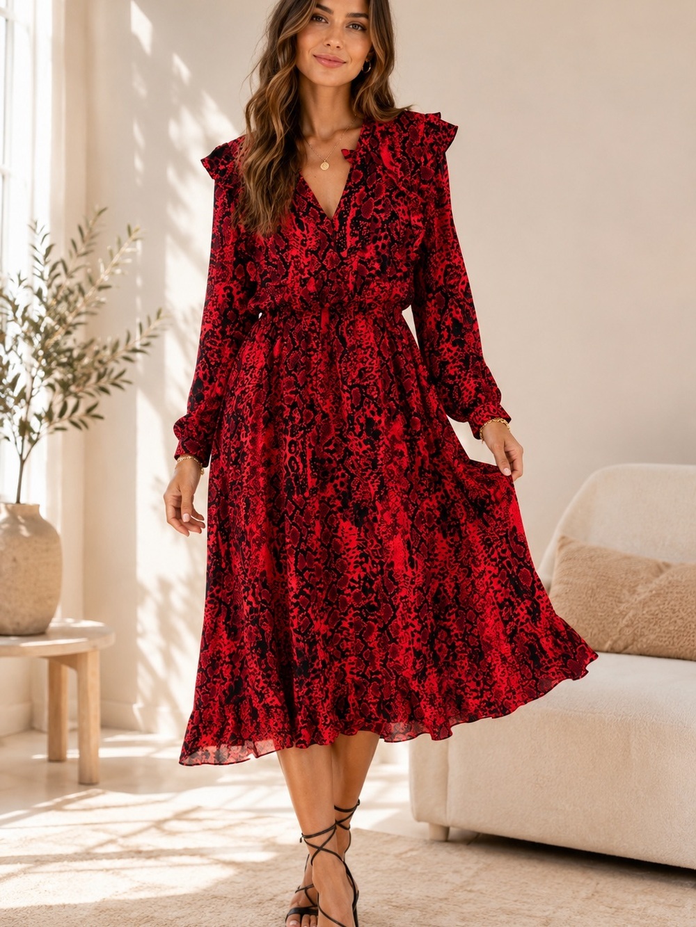 ba&sh Sahara Midi Dress red  black snakeskin print size 0
